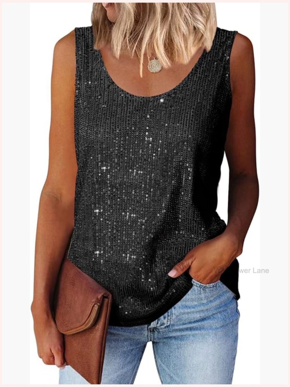 Sleeveless Sequin Tank Top Sparkle Scoop Neck Blouse Evening Party Top